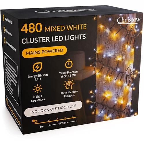 Image of CHRISTOW 480 LED Cluster Christmas Tree Lights, Mixed White Fairy Lights with Timer, 8 Light Modes, Energy Efficient 3mm Micro LEDs, Indoor & Outdoor, Mains Powered, Green Cable, 5.98m Lit Length