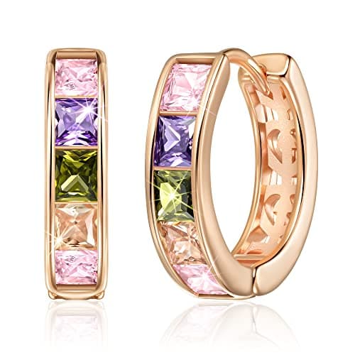 Image of Linawe Hoop Earrings for Women Trendy, Tiny Mini Small Huggie Earrings, Cubic Zirconia Rainbow Earrings Rose Gold, Safety Pin Flat Back Stud Earrings, Tragus Piercing Jewellery