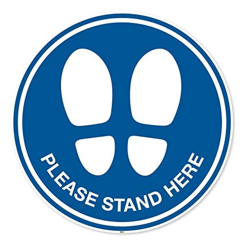 Image of Please stand here Sign, Self-adhesive antislip Floor markers, Mandatory Virus Protection Safety, Social Distancing measures, 300mm Dia. circle