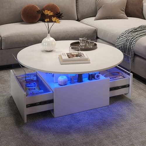 Image of KEEPREAPER Round Coffee Table for Living Room, LED Modern Living Room Table with Storage, Square Acrylic Coffee Tables with 2 Sliding Drawers, Center Table for Reception Dinning Room, White