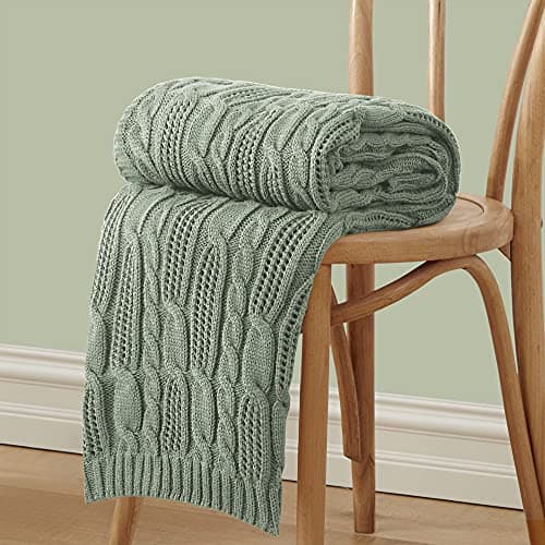 Image of Aormenzy Cable Knit Throw Blankets 50 x 60 Inches, Soft Cozy and Lightweight Knitted Blanket, Machine Washable Acrylic Blanket, Decorative Throw Blanket for Couch Sofa Bed, Sage Green