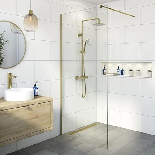 Image of BAYSTONE® 760mm Wet Room Shower Screen Panel 8mm Toughened Safety Easy Clean Glass Walk in Shower Enclosure, Frameless, Brushed Brass