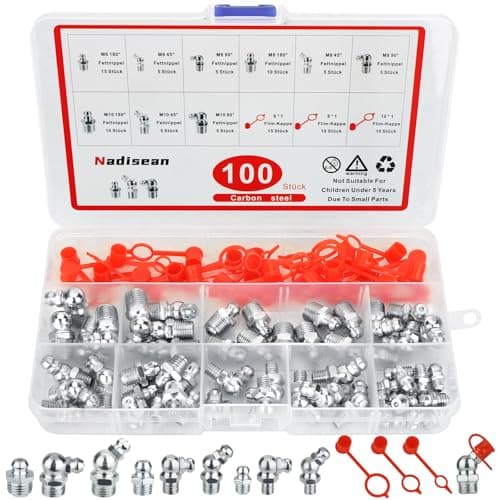 Image of Nadisean 100Pcs Grease Nipples Assorted Kit, M6 M8 M10 Hydraulic Grease Fittings with Straight, 45 & 90-Degree Angles, Grease Nippel Stainless for Grease Gun with Red Grease Fitting Caps, Storage Box