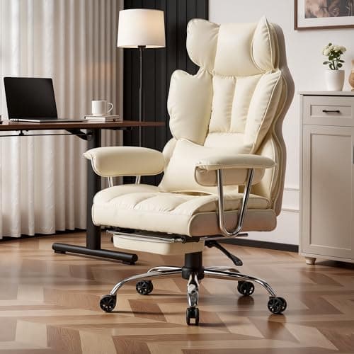 Image of Efomao Desk Office Chair, Big and Tall PU Leather Ergonomic Office Chair, 200KG Adjustable High Back Computer Chair,Executive Swivel Chair with Footrest and Lumbar Support, Beige