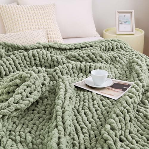 Image of Admitrack Chunky Knit Blanket Throw, 100% Hand Knit Chenille Throw Blanket for Sofa & Home Decor, Soft and Cozy Knitted Throw Blankets (Sage Green,51"x63")