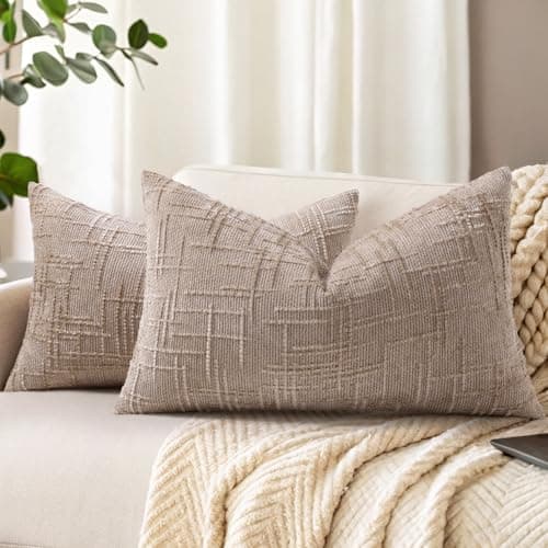 Image of Homaxy Chenille Throw Cushion Covers 30x50cm Pack of 2 Thick Textured Slubby Couch Pillow Covers Modern Neutral Decorative Soft Cozy Pillow Cases for Bed Sofa Living Room, Khaki