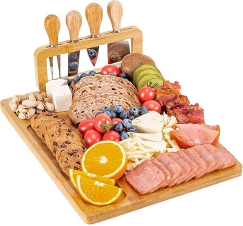 Image of LATERN Bamboo Cheese Board Set, 35CM x 27CM Wooden Charcuterie Tray Cheese Platter with 4Pcs Cheese Knives, Idea Gift Set for Christmas Weddings Housewarming Thanksgiving Party