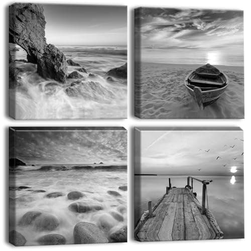 Image of Artscope 4 Pieces Wall Art Canvas Prints - Seaside-Gray Picture Painting- Modern Wall Artwork Framed for Bathroom Home Office Decor - 30 x 30 CM