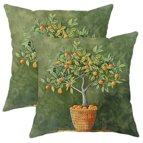 Image of Orange Tree Cushion Covers Set of 2, Olive Green Fruit Plant Throw Pillows Case, Summer Outdoor Decorative Farmhouse Decor Pillow Covers for Home Sofa Couch 18x18 Inch