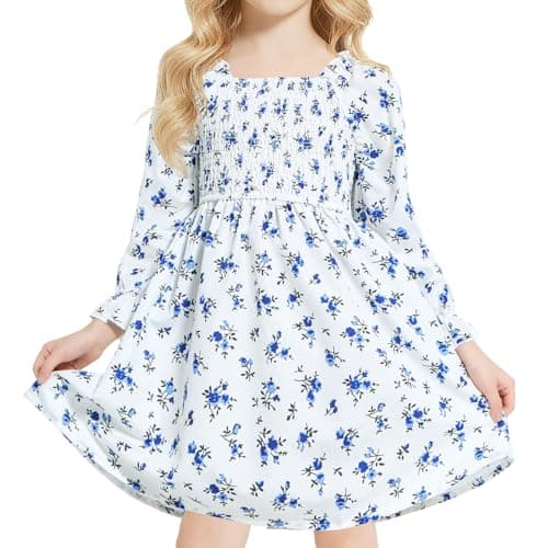 Image of JiAmy Girls Dress Long Sleeve Square Neck Floral Autumn A-Line Dresses Kids Casual Elegant Birthday Party Princess Clothes for Girl 7-8 Years Blue