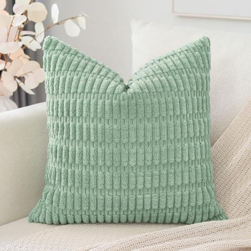 Image of Artscope Corduroy Set of 1 Cushion Cover 55x55 cm Super Soft Boho Striped Square Pillow Covers Case Decorative Modern Cushion Covers for Sofa Couch Bedroom Car Decor Aqua Green