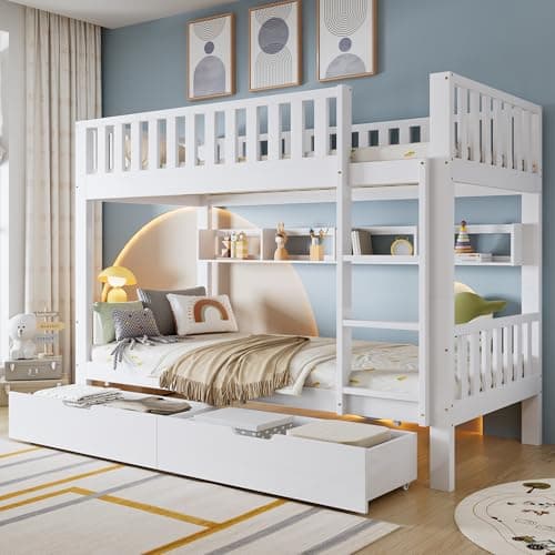 Image of Merax Bunk Bed for Kids, 3FT Solid Pine Wood Single Bed Frame, with under Bed Slide Drawer Storage and Shelf, Children & Teenager Furniture for multi-child Family, White, 90x190cm