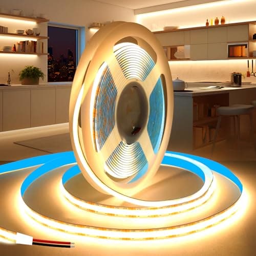 Image of KSIBNW LED Strip Light 5M, 12V COB Led Strip Lights Warm White 3000K LED Tape Lights 8mm Width Flexible CRI90+ Uniform Dotless for Bedroom Cabinet Kitchen Decoration (No Power Supply)