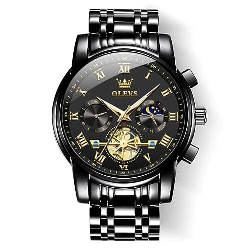 Image of OLEVS Men's Wrist Watches Two Tone Stainless Steel Quartz Watch Diamond Chronograph Moon Phase Gold Blue Black Dial Male Watch Waterproof Luminous