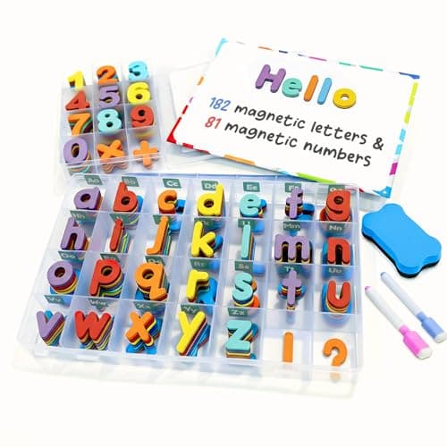 Image of Magnetic Letters and Numbers for Children – The Complete Set: 182 Letters and 81 Numbers & Symbols – Thick Foam Fridge Magnets for Kids - Includes 2 Storage Boxes, Magnetic Board, Pens and Eraser