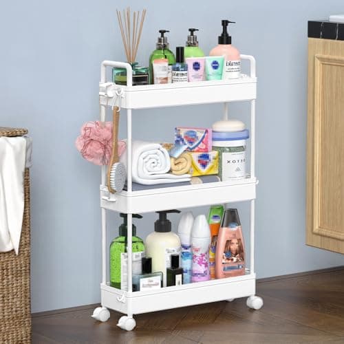 Image of SOLEJAZZ Rolling Trolley, Kitchen Trolley with 3 Levels, Narrow Rolling Trolley, Recess Shelf on Wheels for Kitchen, Bathroom, Laundry Room, Narrow Squares, Plastic, with Handles, White