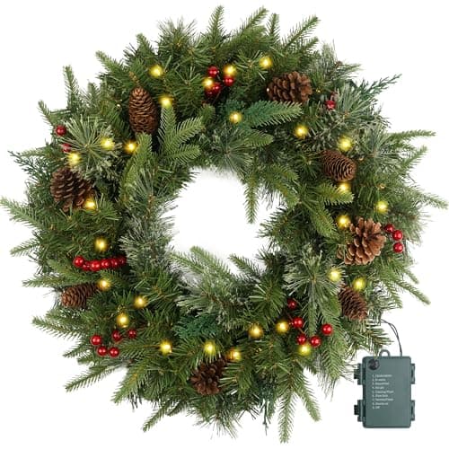 Image of Christmas Wreath Pre-lit 24 inch with 50 Light & Pine Cone, Artificial Christmas Wreaths for Front Door with Lights, Wreath for Christmas Decoration Door Windows Wall Green