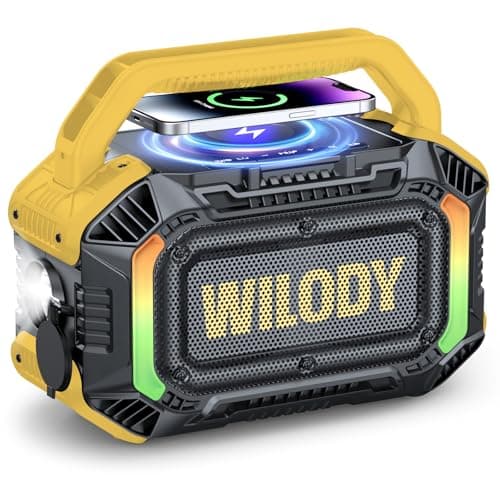 Image of Wilody Speakers Bluetooth Wireless, 100W Loud Outdoor Speaker with Bass, IPX7 Waterproof Floatable, 20H Playtime, Wireless Charge, TWS, RGB Light, Portable Speaker for Work, Garage, Outdoor (Yellow)