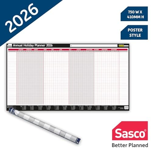 Image of Sasco 2026 Annual Holiday Wall Planner – Poster Style Calendar with Wet Wipe Pen & Stickers, 75x41cm, Black & Red – Track Holidays and Absence – 2026 Calendar Designed for HR and Office Use
