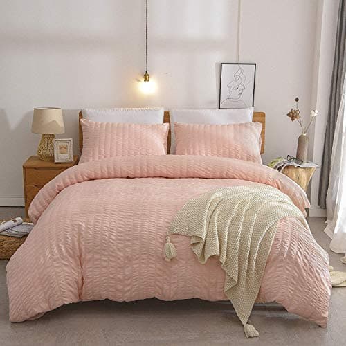 Image of RAYYAN LINEN Seersucker Luxury Duvet Cover Bedding Set with Pillow Cases Ruffled Seersucker Texture (Blush Pink, Double)