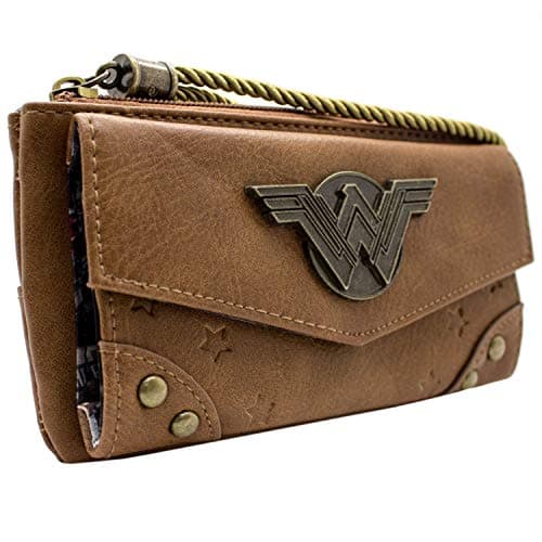 Image of Wonder Woman DC Satchel Metal Emblem Purse Clutch Coin Pocket & Card Holder, Brown