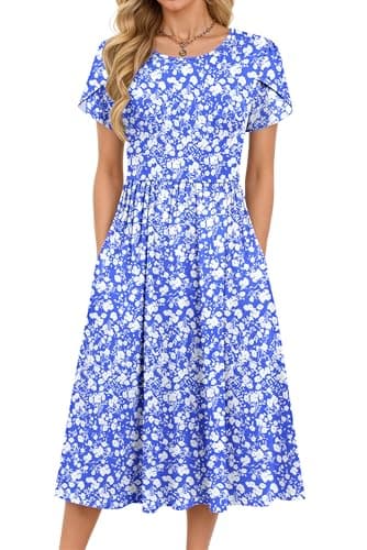 Image of MOLERANI Summer Dress for Women - Round Neck Ladies Dress Elegant High Waist Midi Dresses Casual Floral Dresses with Pockets Blue White Flower L