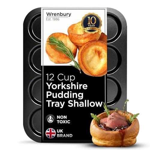 Image of Wrenbury 12 Cup Yorkshire Pudding Tray Shallow - Non Stick Heavy Gauge Carbon Steel Baking Tin - Ideal for Smaller Yorkshire Puddings and Toad in The Hole