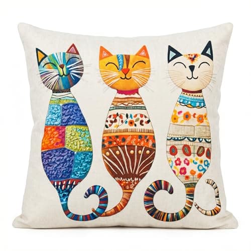 Image of PVOODIRE Linen Cat Cushion Cover 45x45cm - Animal Print Decorative Throw Cover Indoor Outdoor