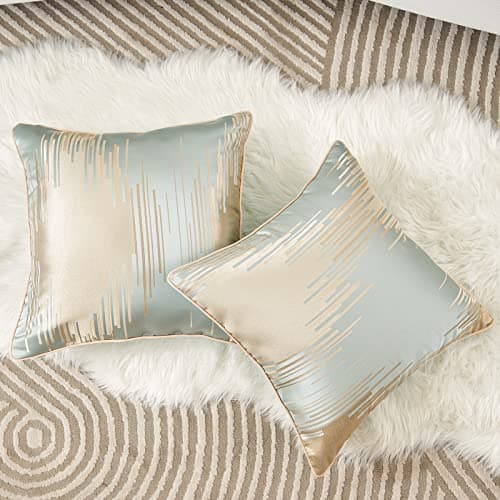 Image of Aeckself Pack of 2 High Precision Jacquard Square Pillow Covers Modern Geometric Stripes Decorative Pillowcase Soft Solid Cushion Case for Sofa Bedroom Car Living Room 18 x 18 Inch, Light Blue Beige