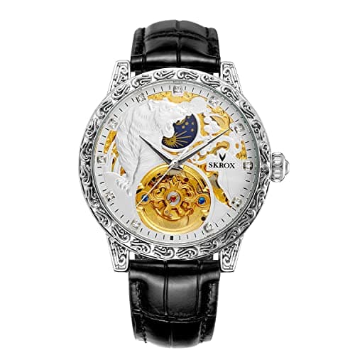 Image of FORSINING Men's Watches Luxury Skeleton Moon Phase Automatic Self-Winding Watches with Genuine Leather Strap (White and Black)