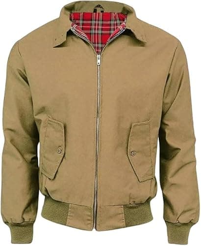 Image of LE11® Harrington Jacket – Smart Casual Unisex Men's & Women's Coat | Vintage Classic Retro 1970's Scooter MOD Skin Bomber | Tartan Lining British Style Zip-Up Bomber Jacket (Brown, Large)