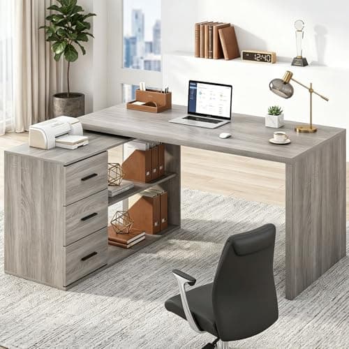 Image of HSH L Shape Desk with Drawers, L-Shaped Desk with Storage Cabinet Shelves, Home Office Corner Computer Desk for Executive Writing, Modern Wood Study PC Table in Bedroom Living Room, Grey Oak, 140cm