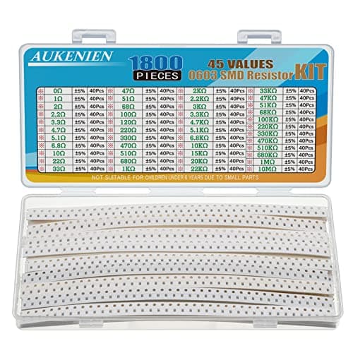 Image of AUKENIEN 0603 SMD Resistor Assortment Kit 45 Values 1800pcs 0R to 10M Ohm 1/10W SMT Chip Resistors Assorted with ±5% Tolerance