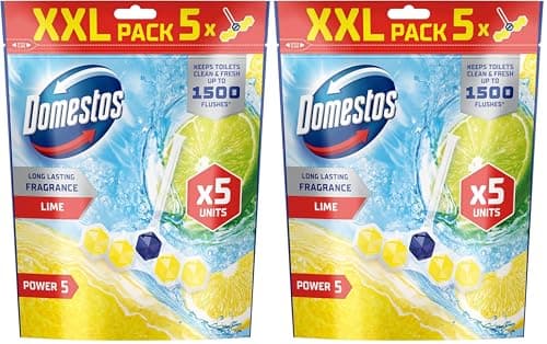 Image of Domestos Power 5 Lime Toilet Rim Blocks toilet freshener with a long-lasting fragrance clean and freshen for up to 300 flushes 5x 50 g (Pack of 2)