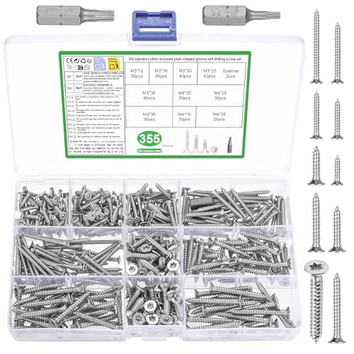Image of 355 Pcs 304 Stainless Steel Self Tapping Screws, M3 M4 Flat Head Countersunk Torx Screws Set, Chipboard Wood Screw Kit for DIY WoodWork Repairs Sheet Metal Screw Set