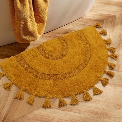 Image of Zeeinx Half Circle Boho Bathroom Rugs with Tassels 100% Cotton Hand-Woven Bath Mat Non Slip Absorbent Bath Rugs with Rug Pad Washable Boho Bath Mat Carpet for Tub, Shower 20"x32",Mustard