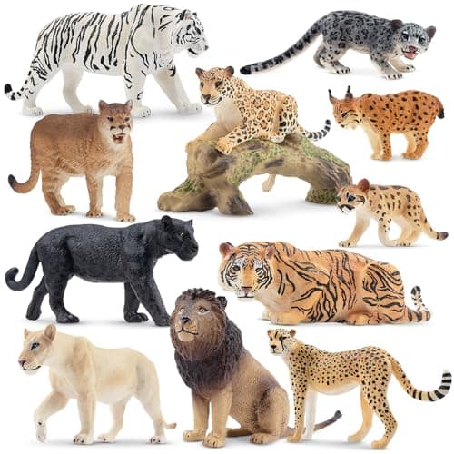 Image of toymany 12PCS Jungle Animals Figure and Tree Trunk, Plastic Zoo Animals Playset Realistic Lion,Tiger,Cheetah,Leopard,Lynx Figurines, Educational Toy Cake Toppers Christmas Birthday Gift for Kids