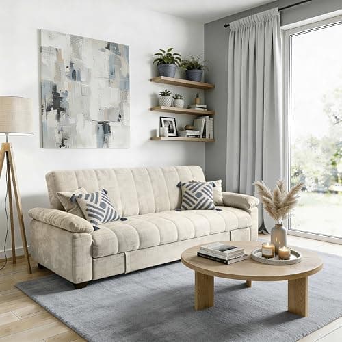 Image of DAKO® 3-Seater Sofa Bed with Storage VERONICA – Pull-Out Sleeper in Cream or Grey – Modern Upholstered Sofa for Living Room or Guest Room – Compact & Comfortable Design (Cream)