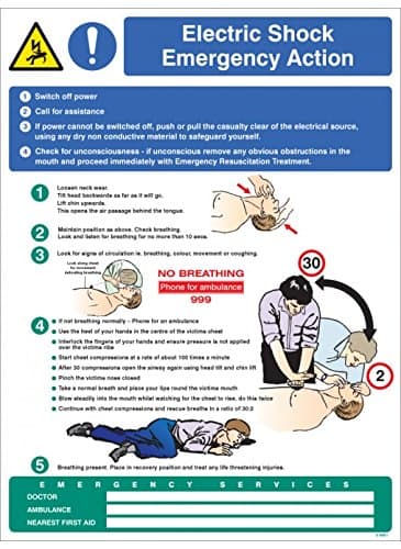 Image of Caledonia Signs 56081 Electric Shock Emergency Action Wall Panel, grey|blue, 450 mm x 600 mm