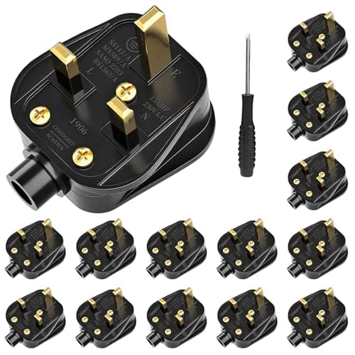Image of UK Plugs with 13 AMP Fused, 3 pin Mains Plug with Cord Grip Rewireable Heavy Duty Electrical Plug, Rubber Composite Plug, 14 Pack - Black