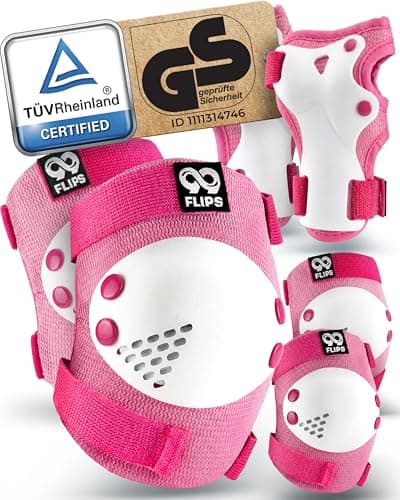 Image of 99FLIPS Knee Pads for Kids - Kids Knee and Elbow Pads for Children - Wrist Guards - RISE - Size XS - PINK WHITE - Skateboard, Scooter, Inline Skates