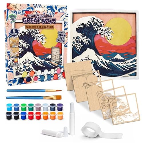 Image of Splat Planet – Great Wave 3D Wooden Art Kit – Paint Your Own 3D Layered Wood Wall Art for Kids & Adults, DIY 3D Art Great Wave Wood Painting Kit Wooden Art and Craft Gift Set, 25 x 25cm