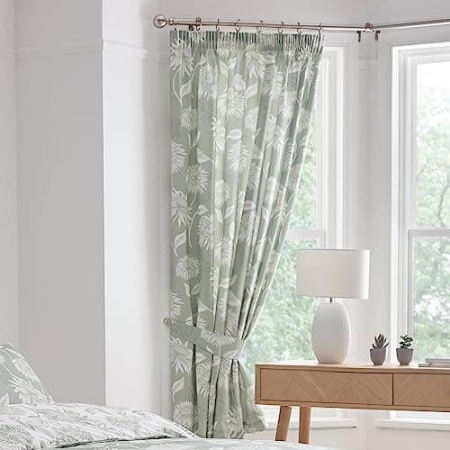 Image of Dreams & Drapes - Green Chrysanthemum Pleated Curtains W66 x L72" (168 x 183cm) - 2x Panels & Tie Backs - Vintage Floral Drapes - Botanical Pencil Pleat in Sage Green