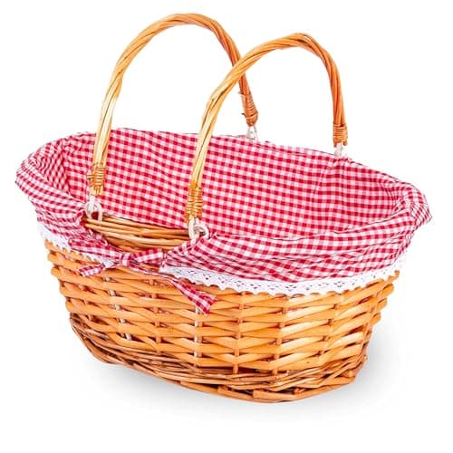 Image of ADEPTNA Lightweight Wicker Shopping Basket with Foldable Handles – Handwoven Willow Hamper with Red Gingham Cotton Liner – Gift, Picnic, Easter, Toy, Garden, Storage Basket (SMALL)