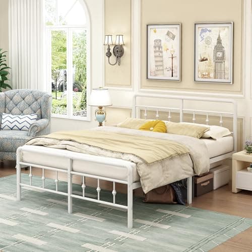 Image of EMODA Super King Bed Frame with Victorian Headboard and Footboard, 36cm High Super King Size Bed Frame with Steel Slats Support, No Box Spring Needed, Easy Assembly, Noise Free, White