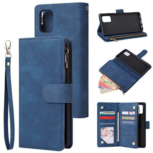 Image of QLTYPRI Case for Samsung Galaxy A51, Large Capacity Leather Wallet Case 6 Card Holder & 1 Zipper Pocket Kickstand Wrist Strap Magnetic Protective Cover for Samsung Galaxy A51 - Blue