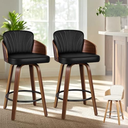 Image of ALFORDSON Bar Stools Set of 2, 360° Swivel Bentwood Barstools with Cushion Backrest & Armrests, 66CM Counter Height PU Leather Kitchen Chair for Kitchen Island, Dining Room, Home Pub, Cafe, Black