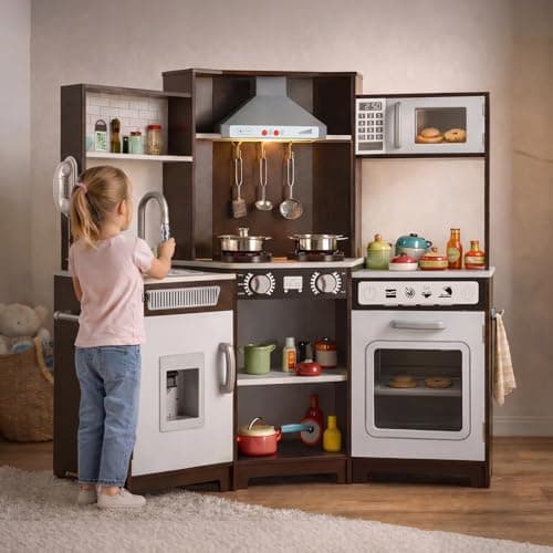 Image of Kids Wooden Kitchen, Large Pretend Role Play Kitchen Toys with Sound and Light, Microwave Oven,Water Dispenser,Phone,Sink,Cooking Accessories, Children Kitchen Playset for 3+ Years Boys Girls