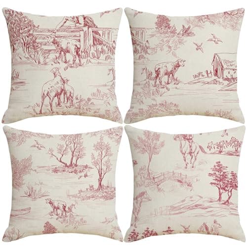 Image of LOHDALOLF French Toile Cushion Covers 45x45 cm Set of 4 Vintage French County Cushion Cases Red Chinoiserie Decorative Pillow Covers for Sofa Living Room