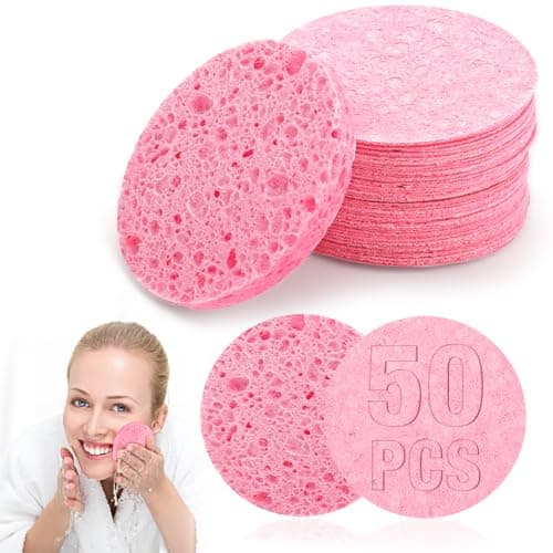 Image of 50Pcs Compressed Face Sponges, Facial Sponges Face Sponge Cleansing 100％ Natural Wood Pulp Cotton Faces Cleansings Pads for Daily Facial Cleansing Makeup Remover (2.3 In, Pink)